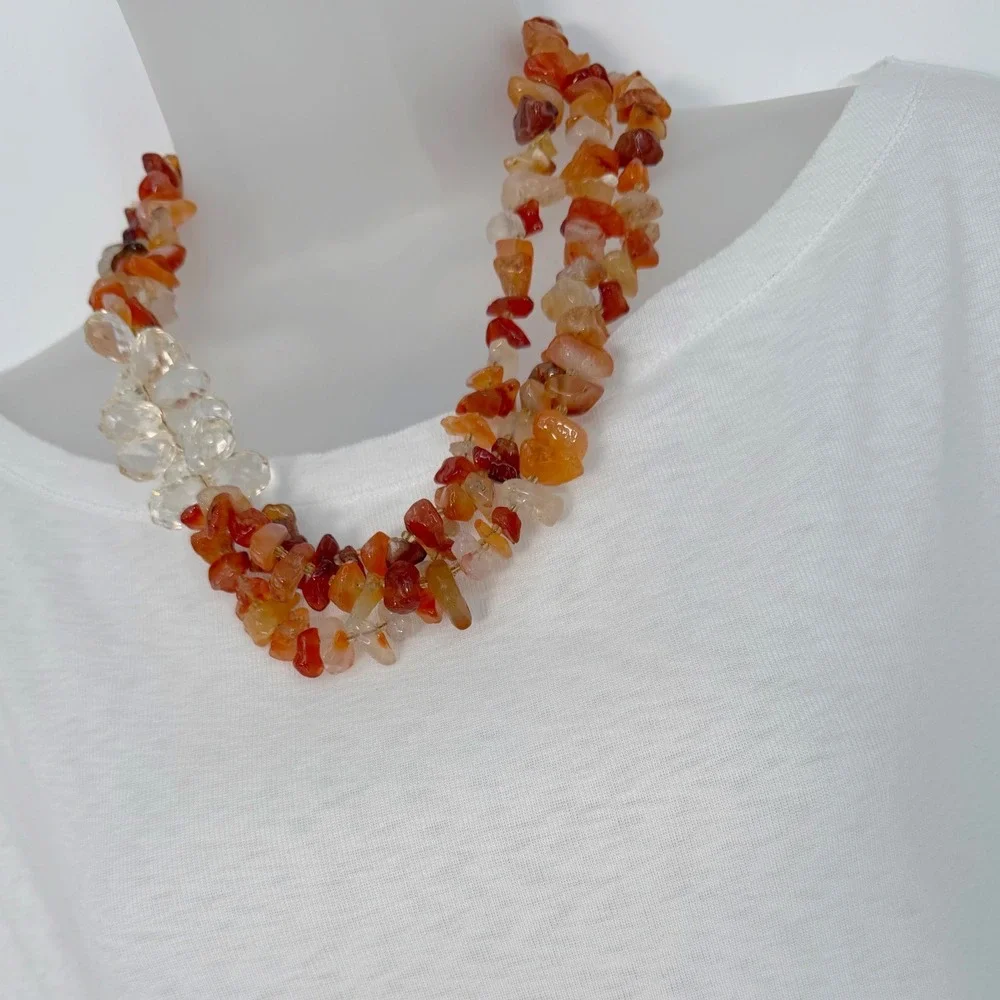 LOFT Orange Stone Chip Multi Strand Necklace Amber Clear Bead Accent Chic 103-63